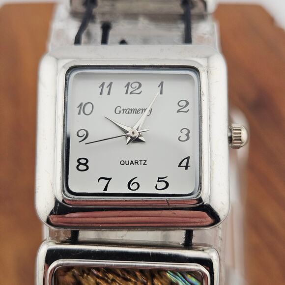 Gramercy Women's Bold Link Stretch Bracelet Watch Iridescent MOP Inlay Artsy - Picture 2 of 7